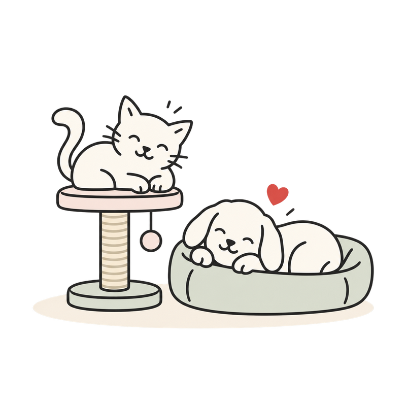 Line illustration of a dog resting in a sage pet bed and a cat sitting on a scratching perch.