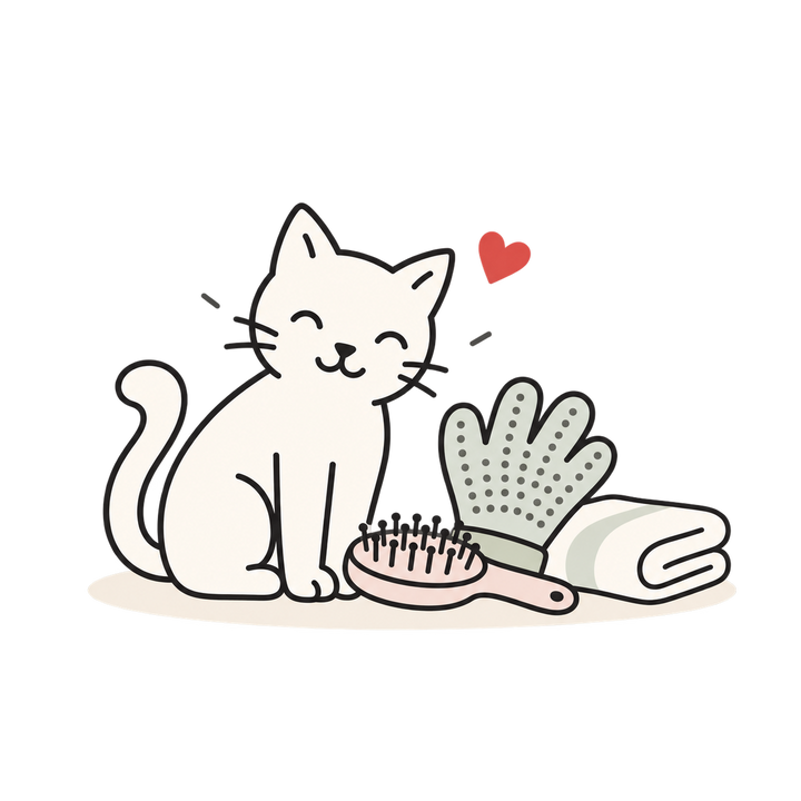 Line illustration of a cat beside a grooming brush, glove and folded towel.