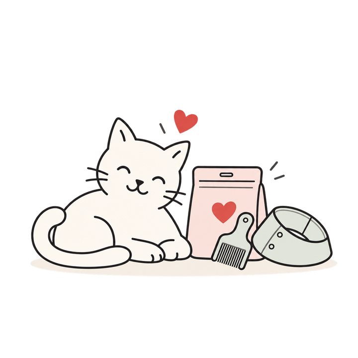 Line illustration of a resting cat beside a care pouch, flea comb and recovery collar.