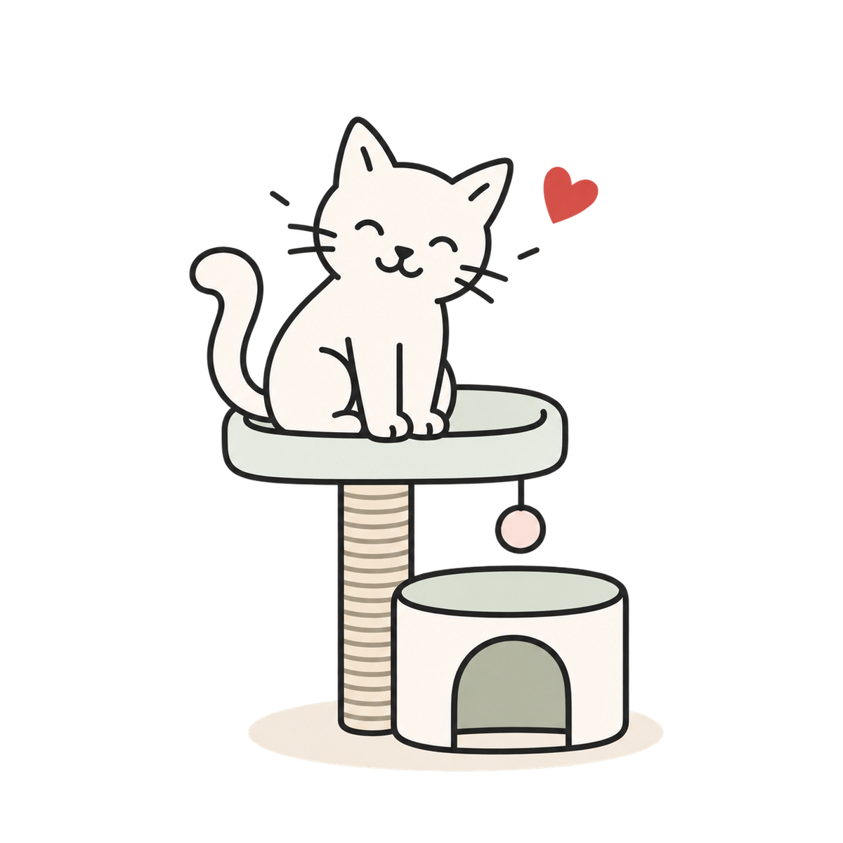 Line illustration of a cat on a sage cat tree with a scratching post and rounded hideaway.