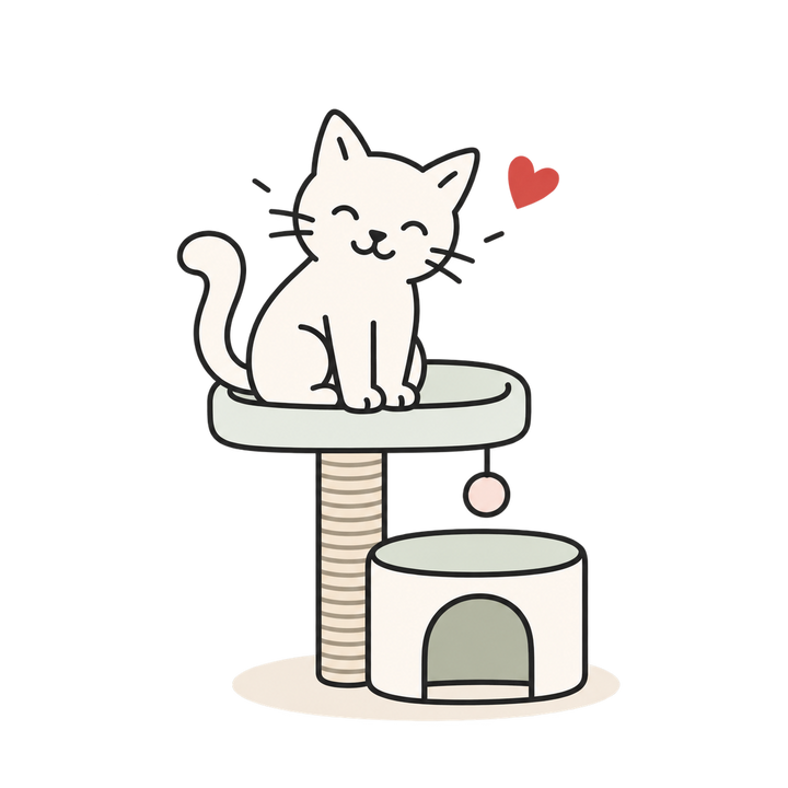 Line illustration of a cat on a sage cat tree with a scratching post and rounded hideaway.