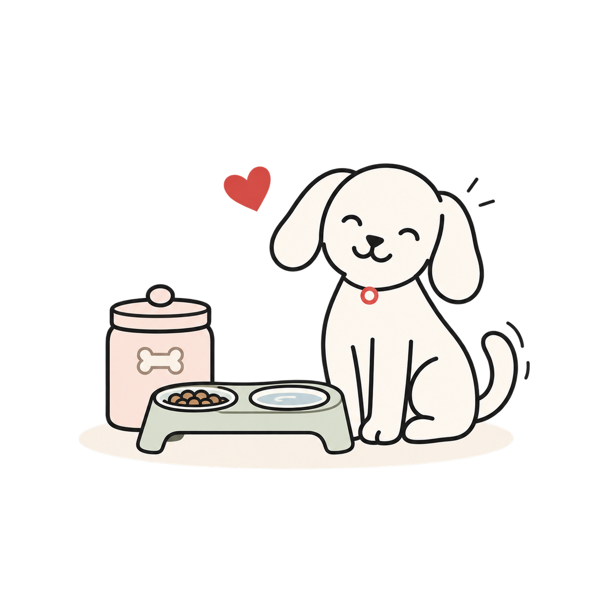 Line illustration of a dog beside a raised double food bowl and blush food storage jar.