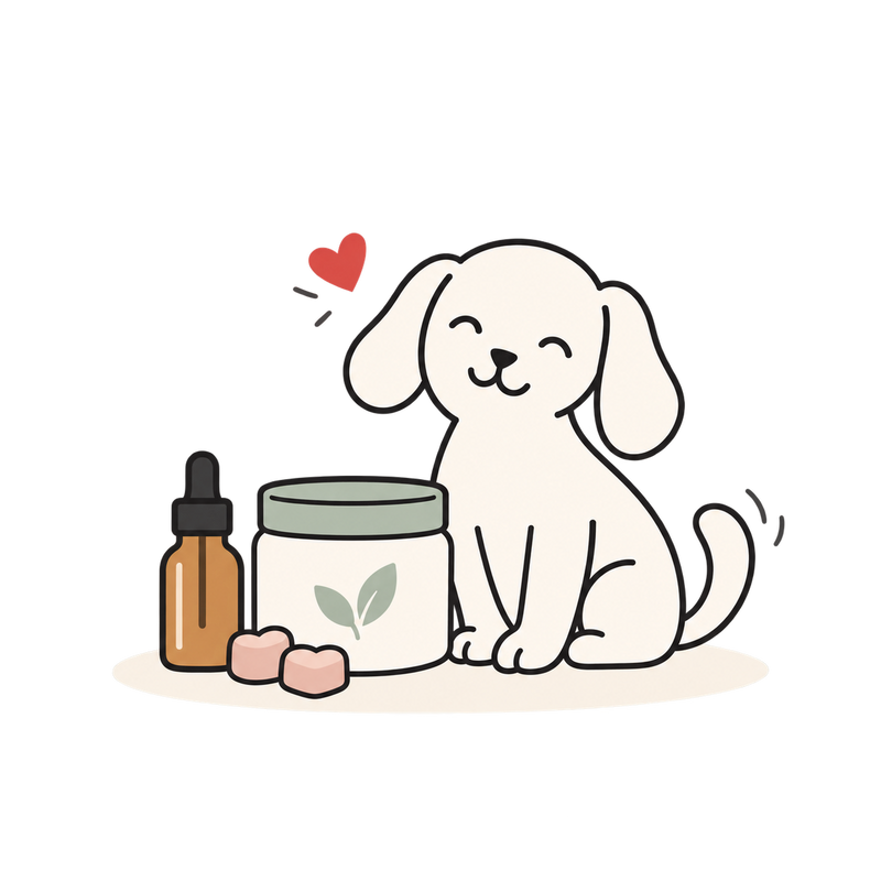 Line illustration of a dog beside a supplement jar, amber dropper bottle and two chews.