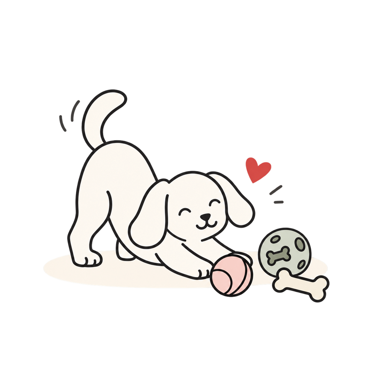 Line illustration of a playful dog with a blush ball, sage toy and bone-shaped chew toy.