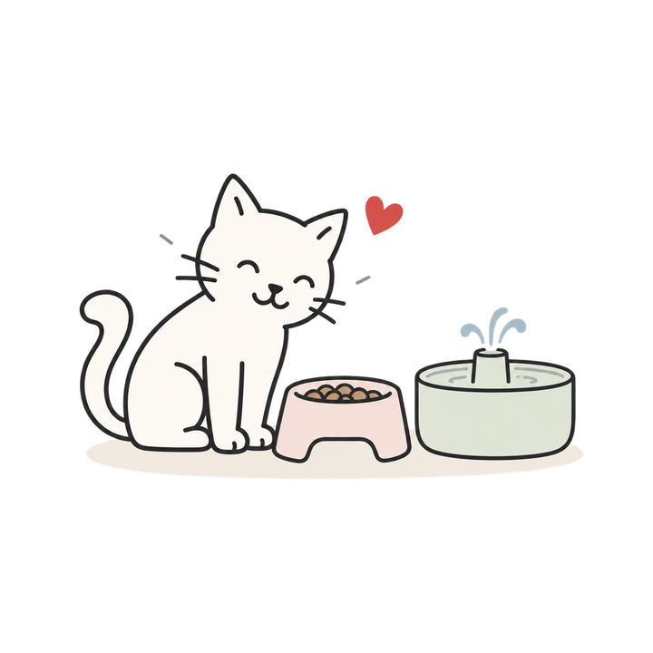 Line illustration of a smiling cat beside a food bowl and water fountain, with a red heart.