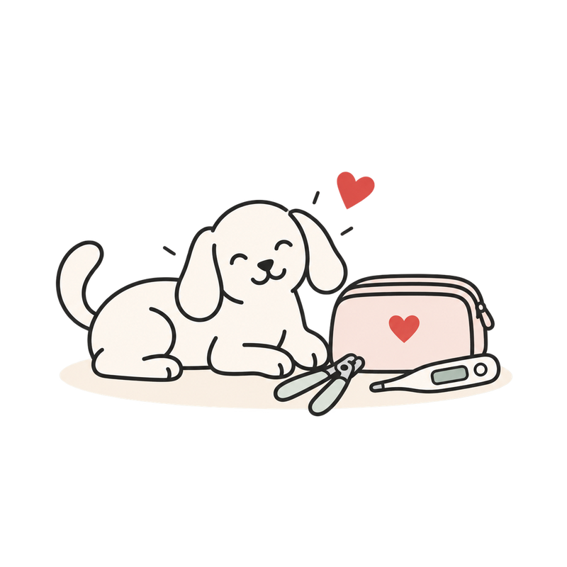 Line illustration of a resting dog beside a care pouch, pet nail clipper and digital thermometer.