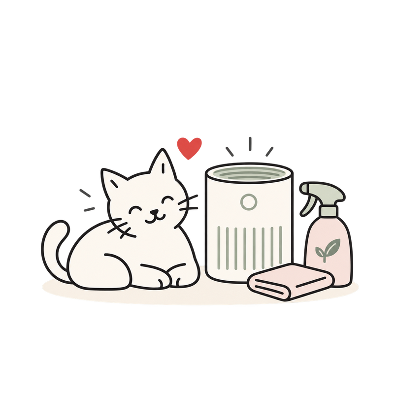 Line illustration of a resting cat beside an air purifier, spray bottle and folded cleaning cloth.