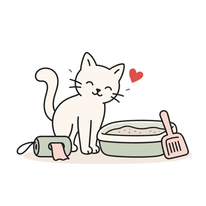 Line illustration of a cat beside a litter tray, scoop and waste-bag dispenser, with a red heart.