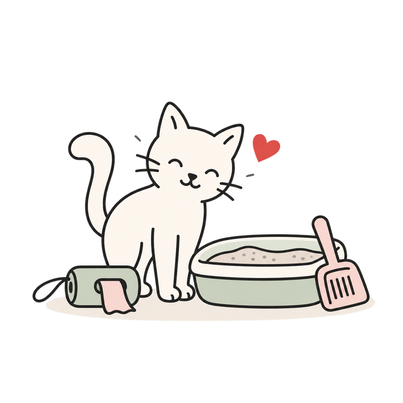 Line illustration of a cat beside a litter tray, scoop and waste-bag dispenser, with a red heart.