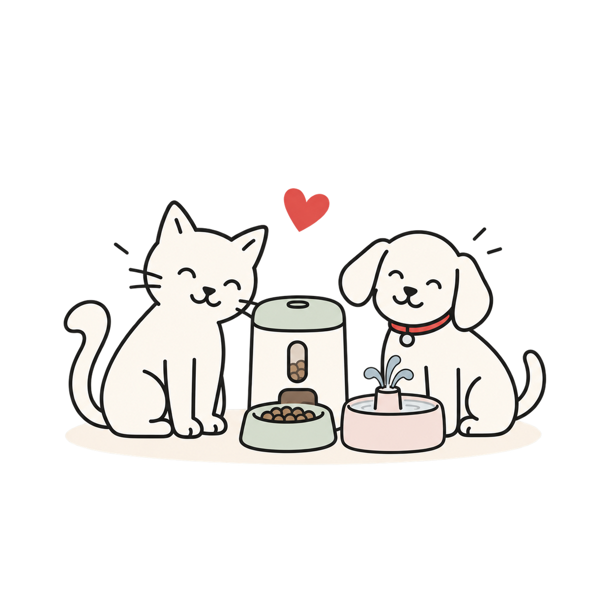 Line illustration of a cat and dog beside an automatic feeder and blush water fountain.