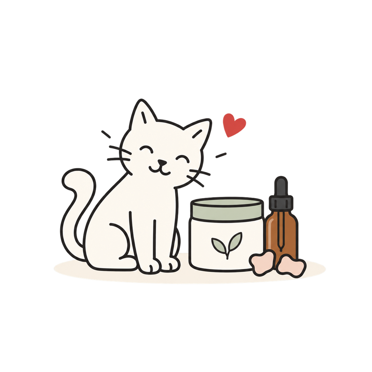Line illustration of a cat beside a supplement jar with a leaf symbol, a dropper bottle and two chews.