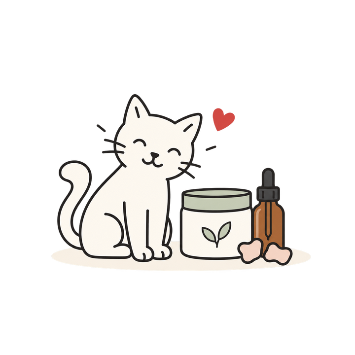 Line illustration of a cat beside a supplement jar with a leaf symbol, a dropper bottle and two chews.