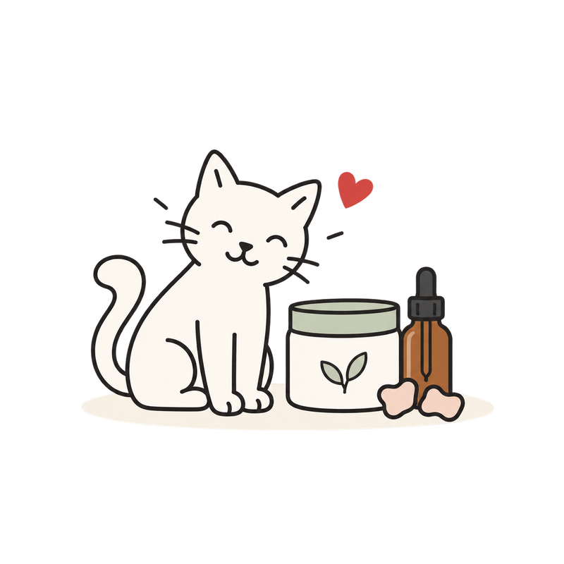 Line illustration of a cat beside a supplement jar with a leaf symbol, a dropper bottle and two chews.