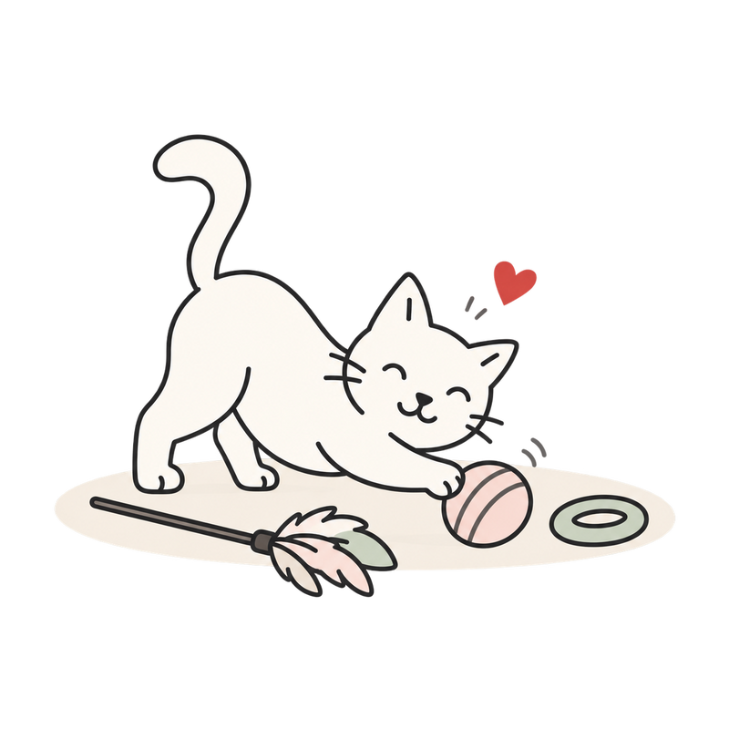 Line illustration of a playful cat with a ball, feather wand and ring toy, with a red heart.