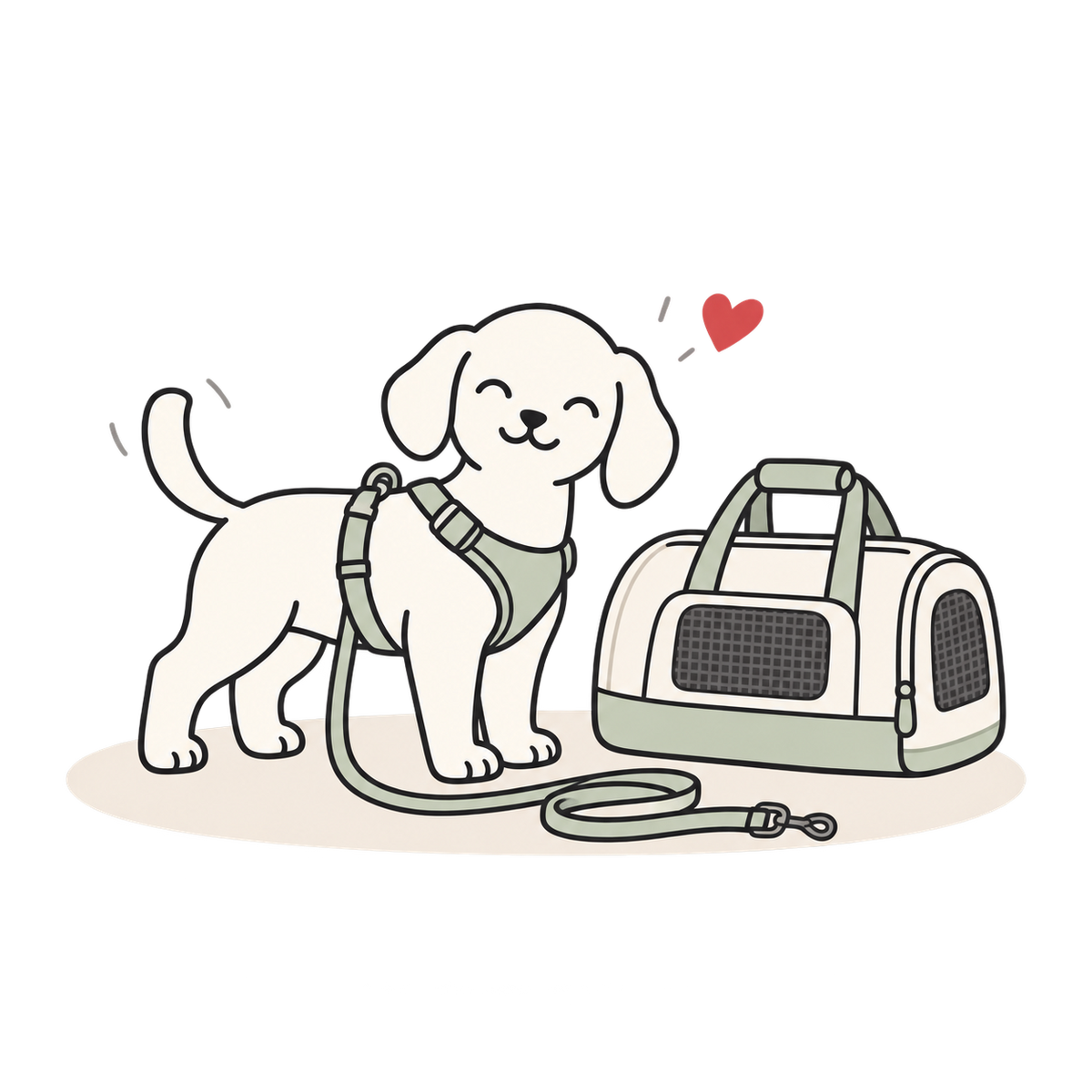 Line illustration of a dog wearing a sage harness beside a leash and pet carrier, with a red heart.