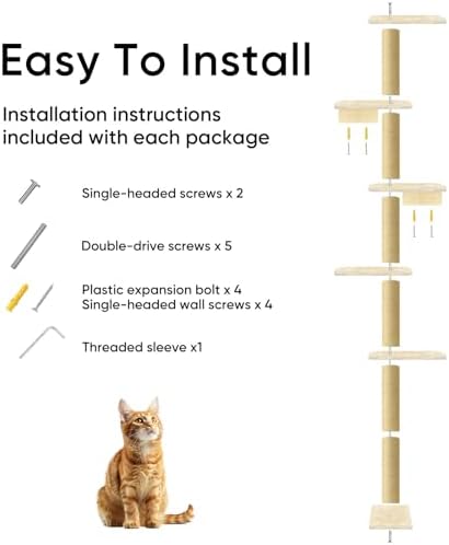 Wall Mounted Cat Tree, 80" Tall Cat Climbing Tower with Sisal Scratching Post & 5 Perches, Space Saving Cat Wall Furniture for Indoor Cats, Vertical Cat Wall Shelves and Perches, Beige