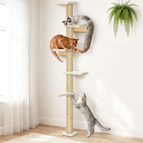 Wall Mounted Cat Tree, 80" Tall Cat Climbing Tower with Sisal Scratching Post & 5 Perches, Space Saving Cat Wall Furniture for Indoor Cats, Vertical Cat Wall Shelves and Perches, Beige