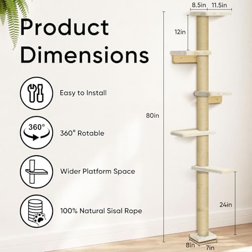 Wall Mounted Cat Tree, 80" Tall Cat Climbing Tower with Sisal Scratching Post & 5 Perches, Space Saving Cat Wall Furniture for Indoor Cats, Vertical Cat Wall Shelves and Perches, Beige