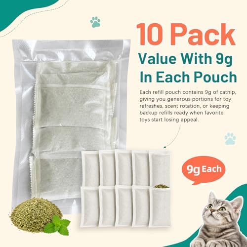 (10-Pack) Refillable Catnip Kicker Toy Kits, Natural Catnip Tea Bags for Cats, 9g Catnip Pouches, Non-Woven Mess-Free Cat Toy Refills, Additive-Free, Vacuum Sealed, Total 90g