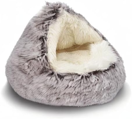 ShinHye Cozy Cat Bed - Round Plush Fluffy Hooded Cave, Indoor/Outdoor, Waterproof & Washable (20x20inch, Coffee)