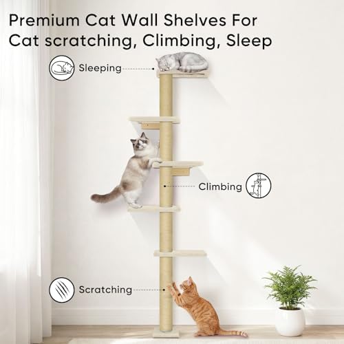 Wall Mounted Cat Tree, 80" Tall Cat Climbing Tower with Sisal Scratching Post & 5 Perches, Space Saving Cat Wall Furniture for Indoor Cats, Vertical Cat Wall Shelves and Perches, Beige