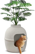 Hidden Plant Litter Box, Large Cat Litter Box Furniture with Odor Control Carbon Filter, Litter Box Enclosure for Home, Faux Plant and Real Stones, Gray