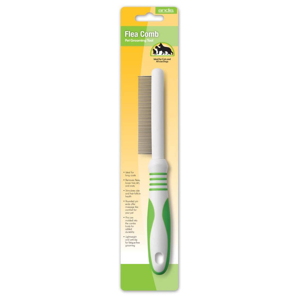 Andis 66060 Flea Comb with Durable Teeth & Comfortable Handle - Effective Stainless-Steel Teeth for Removes Tangles, Dirt & Loose Hair with Skin Protection - for Medium to Small Dogs - Green
