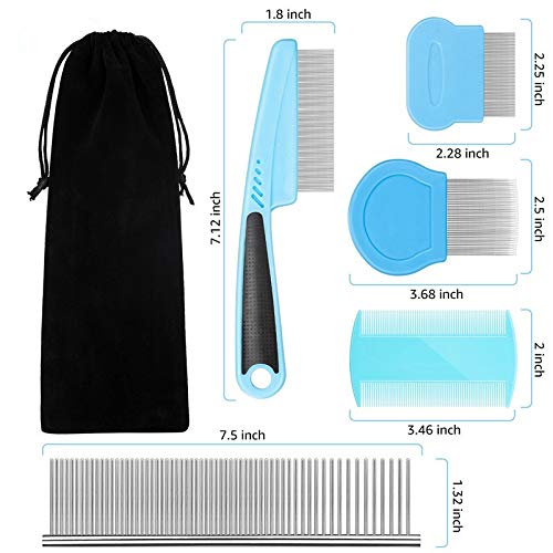 Flea Comb For Dogs & Cats Pet Comb Grooming Set 5 Pieces Metal Teeth Durable Remove Tear Stain Float Hair Combing tangled hair Dandruff Add Storage Pouch (Blue)