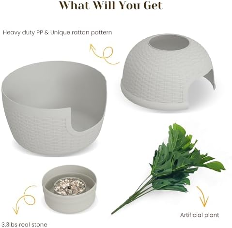 Hidden Plant Litter Box, Large Cat Litter Box Furniture with Odor Control Carbon Filter, Litter Box Enclosure for Home, Faux Plant and Real Stones, Gray