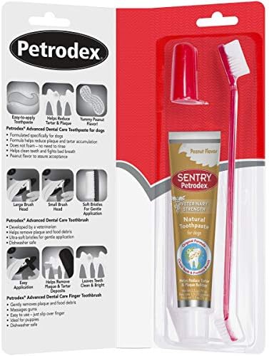 Petrodex Dog Dental Care Kit, Toothbrush & Toothpaste, Peanut, 2.5oz | Complete oral care kit: toothpaste + toothbrush; reduces plaque & tartar; fights bad breath; peanut flavor, dogs & puppies 