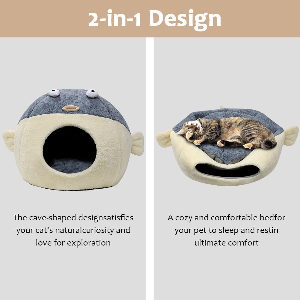 Cat Beds for Indoor Cats-19.7''Cute Pufferfish Larger Cat Cave Bed,Grey XL