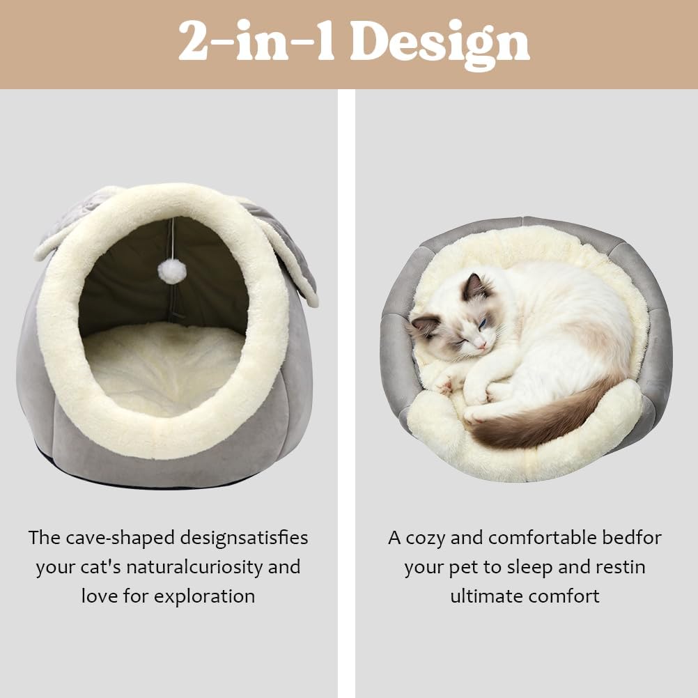 Cat Beds for Indoor Cats-Rabbit-Shaped Cat Cave Bed with Hanging Toy,Grey L