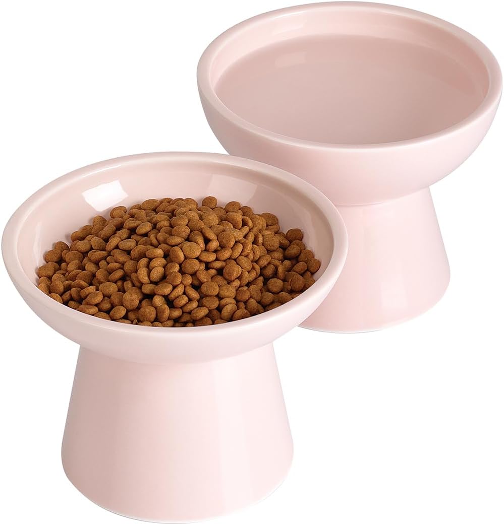 LoeJan Elevated Cat Food and Water Bowls Set, Extra Wide and Raised Ceramic Feeder, Anti-Vomit Whisker-Free Pressure Feeding Bowl for Kittens Adult Cats Small Dogs (Pink, Bowl Set)