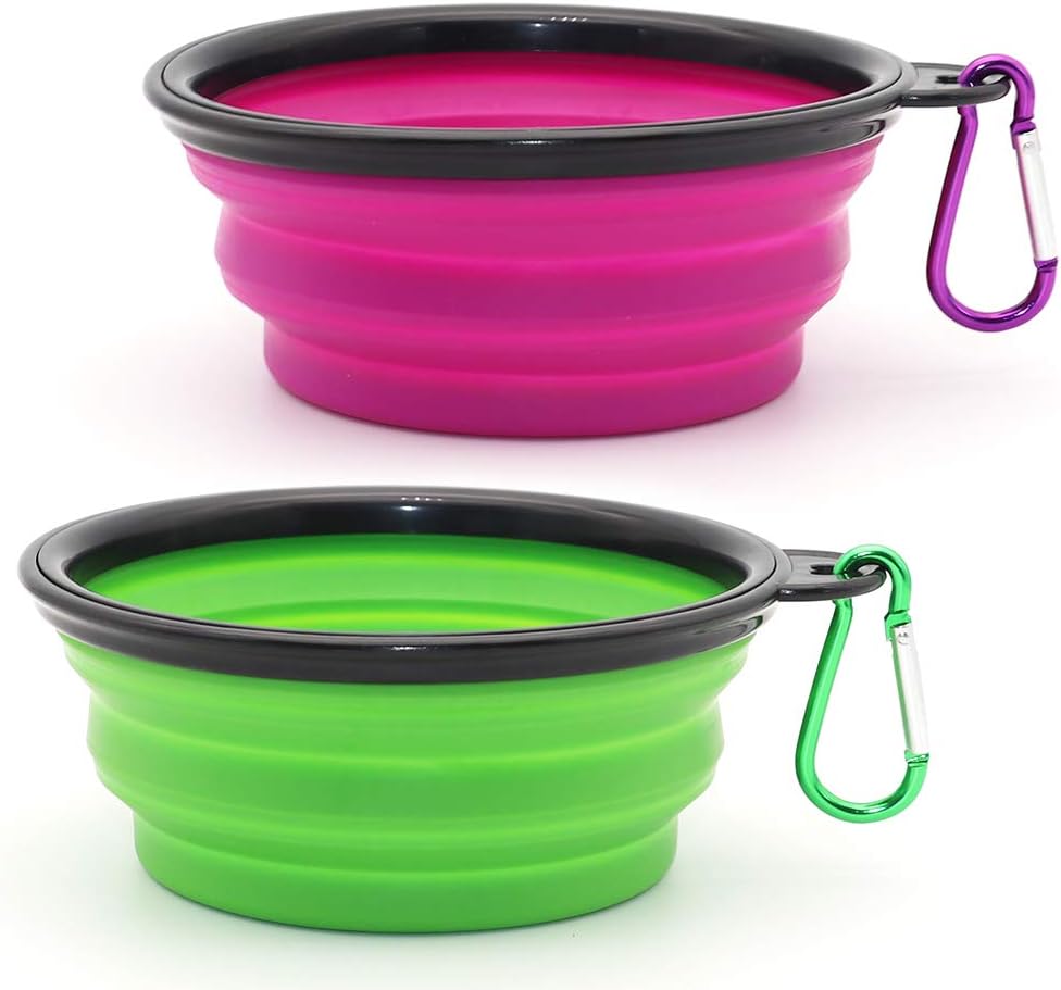 Dog Bowl Pet Collapsible Bowls, 2 Pack Collapsible Dog Water Bowls for Cats Dogs, Portable Pet Feeding Watering Dish for Walking Parking Traveling with 2 Carabiners (Small, Green+Purple) 