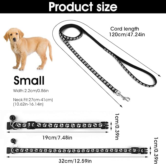 Orange Kitten Collar with Bell Leash Set, Puppy Collar and Leash Pawprint Dog Collars for Small Dogs Adjustable Cat Collar for Tiny Little XXS XS Extra Small Breed Pets Girls Boys