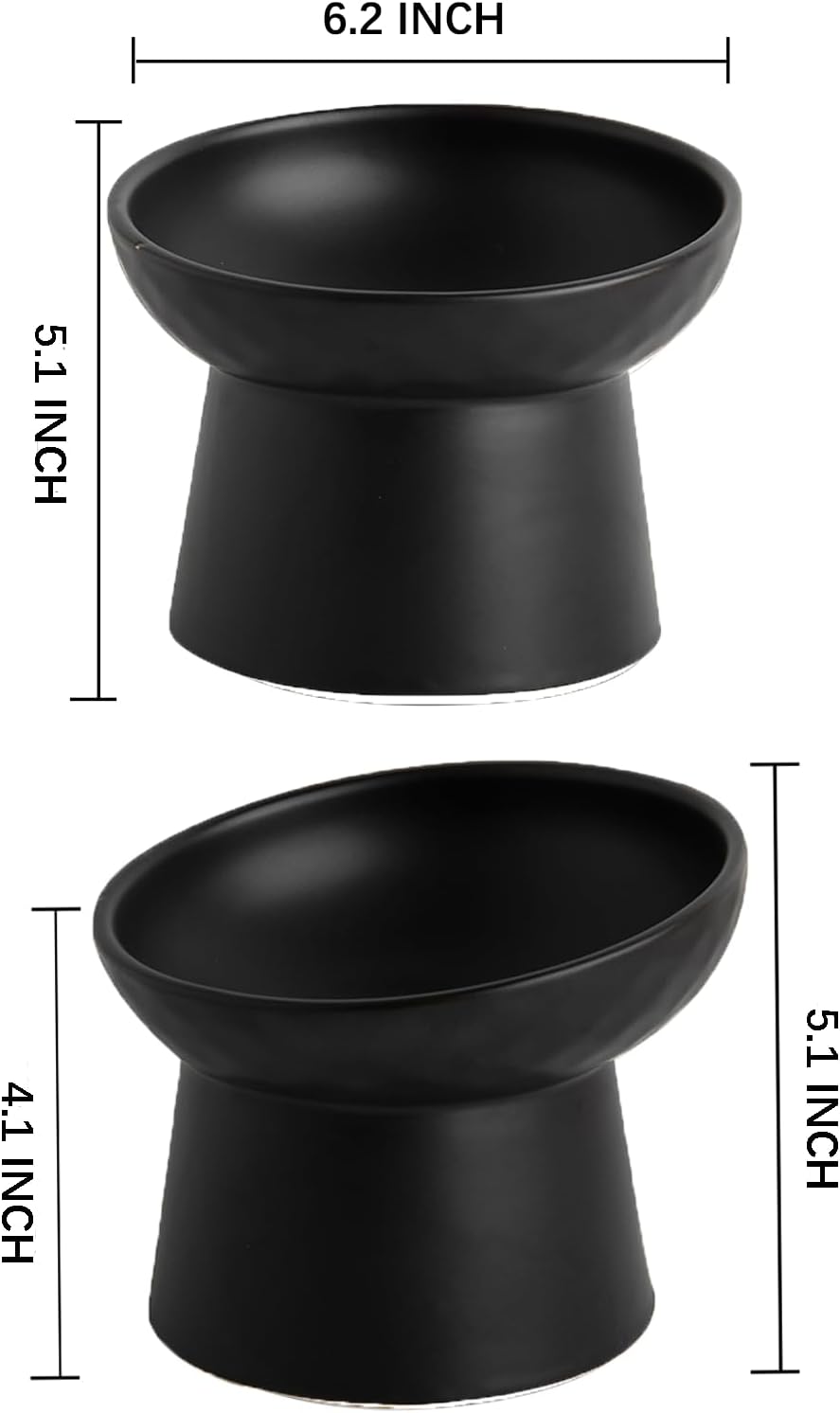 Elevated Cat Bowls, 15° Tilted Ceramic Raised Cat Food and Water Bowl Set, Whisker-Friendly Porcelain Pet Feeder Dishes for Indoor Cats and Small Dogs,Black,6.2 Inch,2 Pack