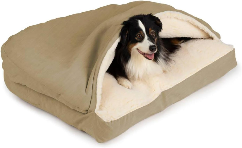 Snoozer Rectangle Cozy Cave Dog Bed, Hooded Dog Bed, Khaki (S)