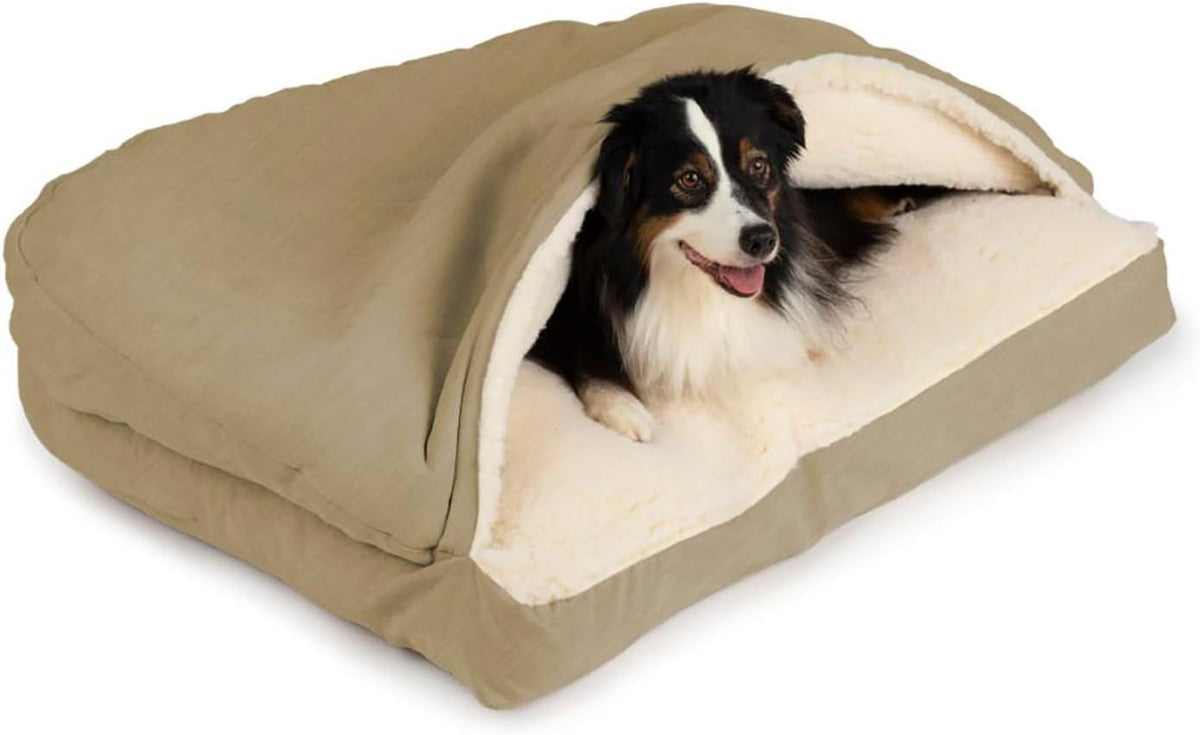 Snoozer Rectangle Cozy Cave Dog Bed, Hooded Dog Bed, Khaki (S)