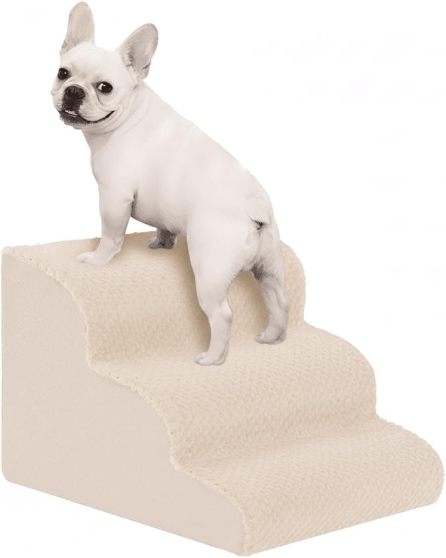 Oiilores Dog Stairs for Small Dogs 15" H, 3-Step Dog Steps Ramp for Couch Sofa and Chair with Anti-Slip Washable Cover and Durable High Density Foam, Pet Stairs for Cats, Beige
