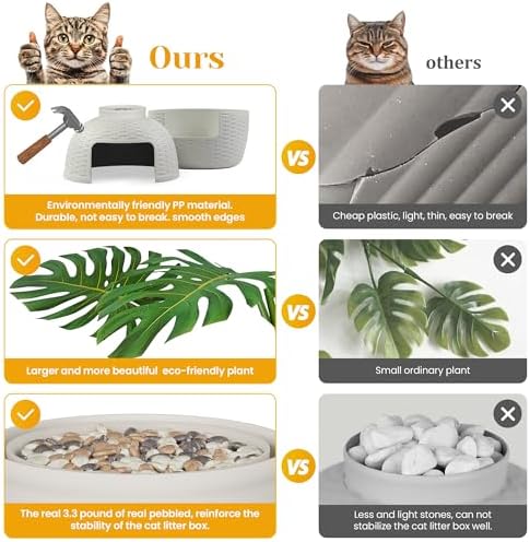 Hidden Plant Litter Box, Large Cat Litter Box Furniture with Odor Control Carbon Filter, Litter Box Enclosure for Home, Faux Plant and Real Stones, Gray