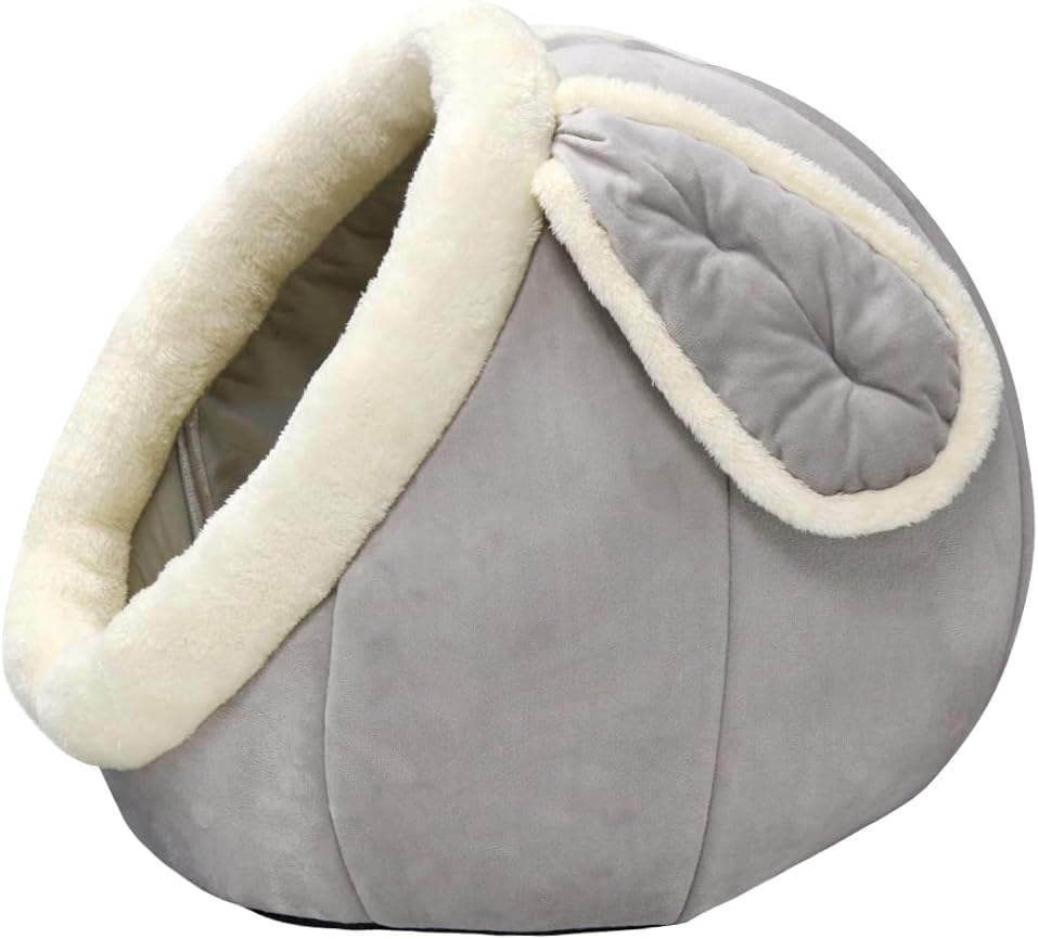 Cat Beds for Indoor Cats-Rabbit-Shaped Cat Cave Bed with Hanging Toy,Grey L