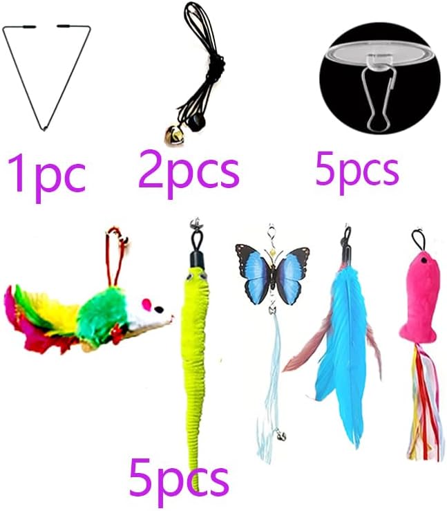 Suction Cup Door Hanging Cat Toy Set, Assorted Replaceable Refills Feather Worm Ribbon Mouse Butterfly Interactive Kitten Play Toy (5Pcs Assorted Set)