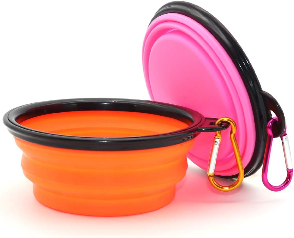 SLSON Collapsible Dog Bowls, 2 Pack, Portable Pet Feeding Watering Dish for Traveling with Carabiners (Small, Orange+Pink) 