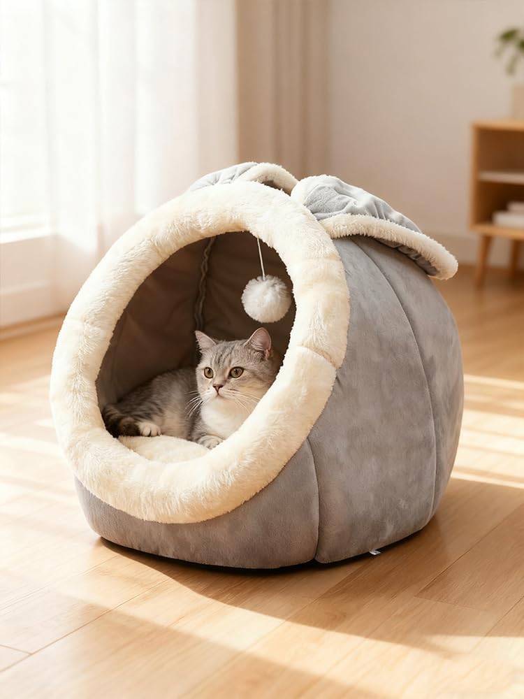 Cat Beds for Indoor Cats-Rabbit-Shaped Cat Cave Bed with Hanging Toy,Grey L