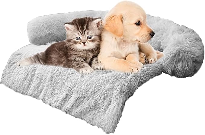 Calming Dogs/Cats Bed Mats, Dog Pad Washable Removable Couch Cover, Plush Long Fur Mat for Pets, Waterproof, Perfect for Small, Medium and Large Dogs and Cats (Light Gray, 34"x30"x5.0")