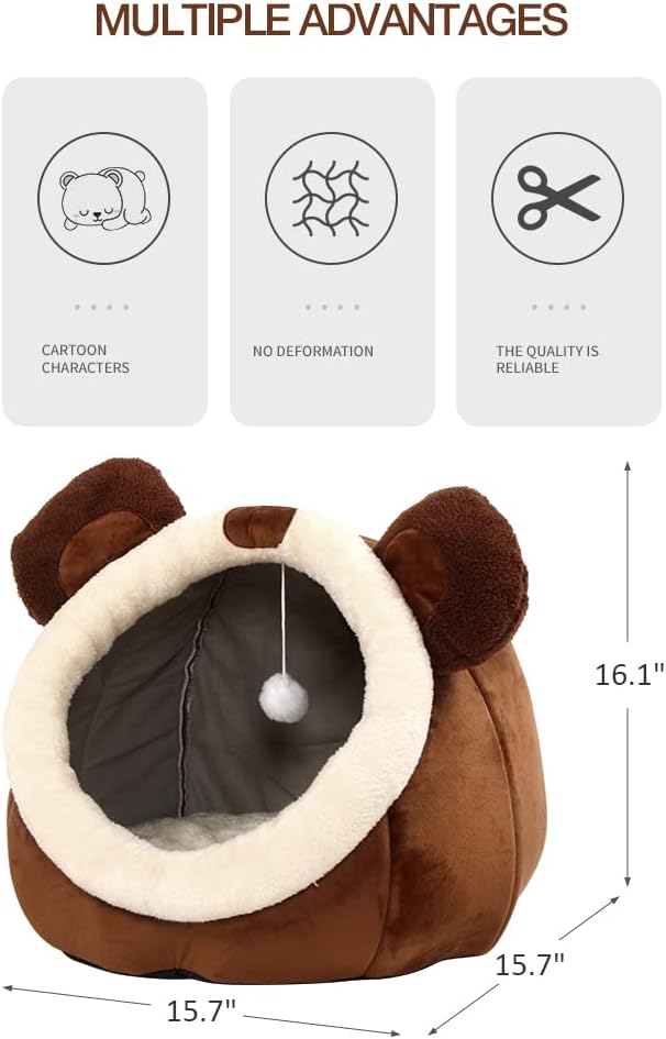 Cat Beds for Indoor Cats -Bear Animal-Shaped Cat Cave Bed with Toy ,Brown L