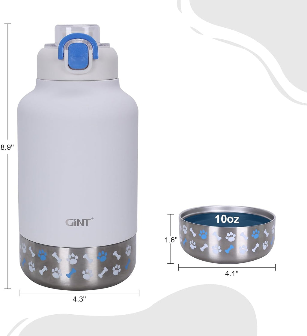 GiNT 37oz Insulated Stainless Steel Dog & Human Water Bottle, All-in-1 Travel Dispenser with Detachable Bowls & Carrying Case, Leak-Proof Pet Canteen for Walking, Hiking, Camping, Car (White)