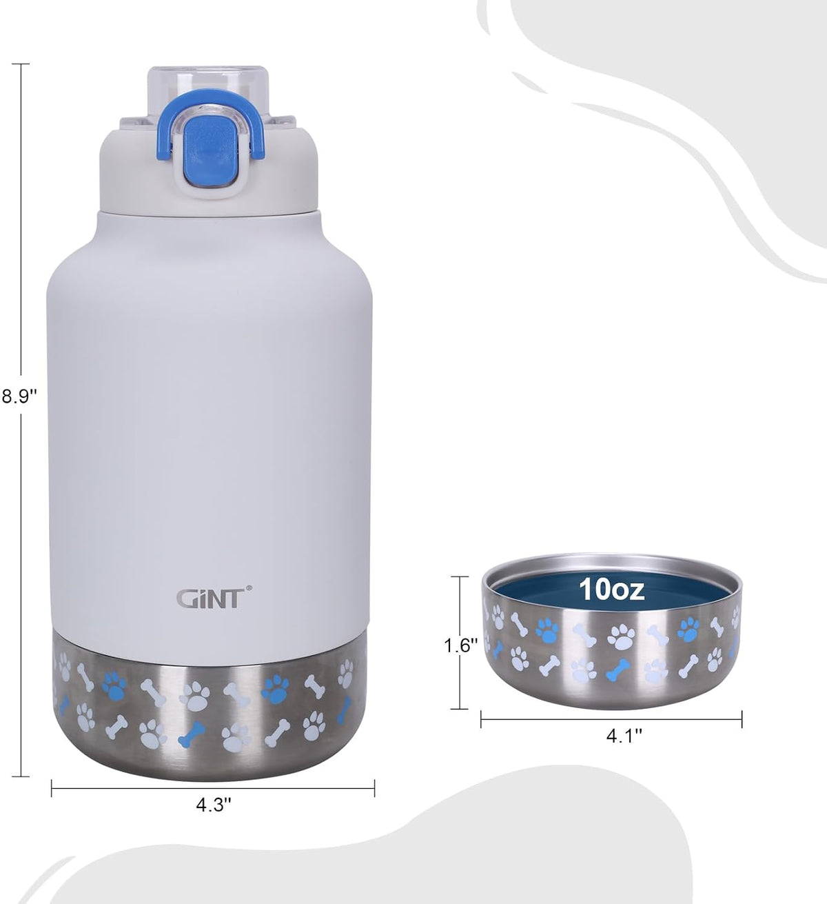 GiNT 37oz Insulated Stainless Steel Dog & Human Water Bottle, All-in-1 Travel Dispenser with Detachable Bowls & Carrying Case, Leak-Proof Pet Canteen for Walking, Hiking, Camping, Car (White)