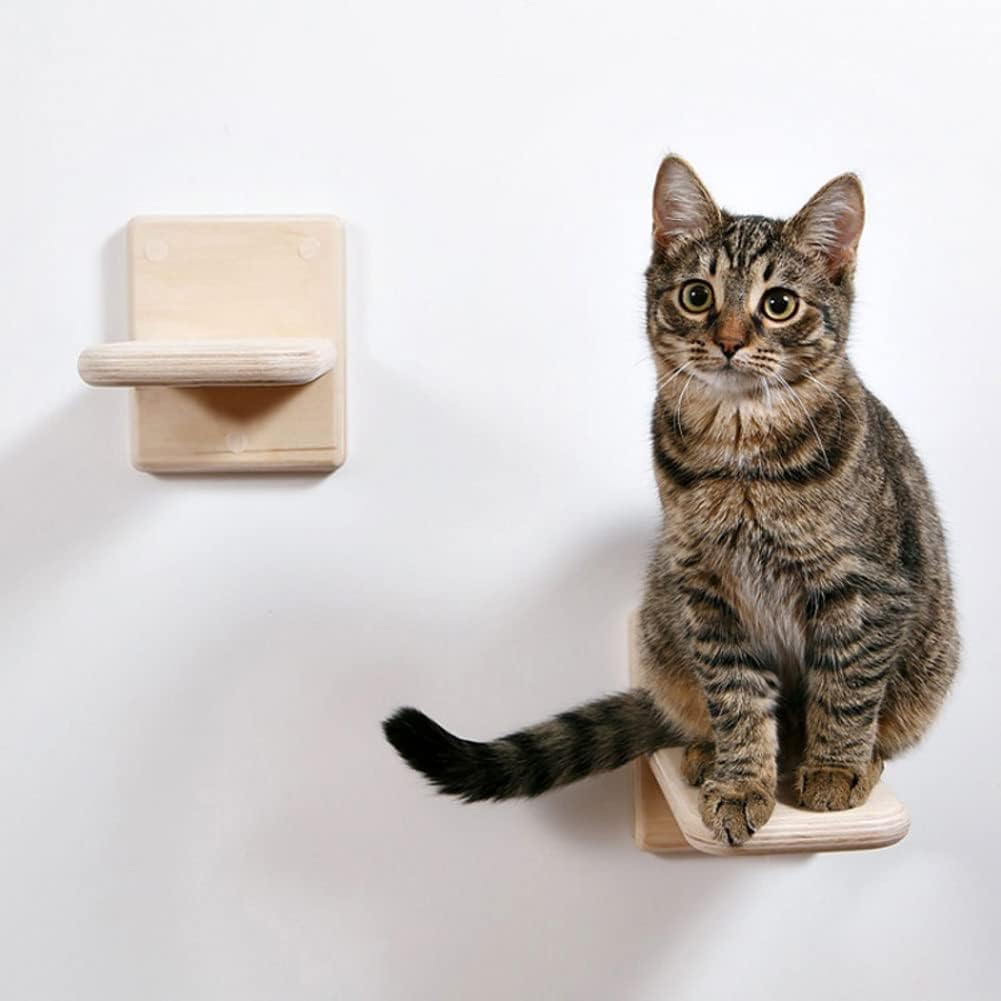 2 PCS Wooden Cat Wall Shelves & Climber – Space-Saving Indoor Cat Steps with Hammock, Natural Solid Wood (2 PCS)