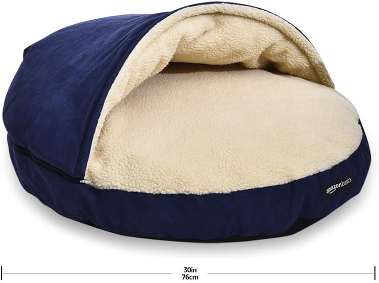 AmazonBasics Anti-Anxiety Calming Burrow Pet Cave Bed for Small and Medium Dogs, with Removable Nesting Cave Cover, Fits up to 35lbs Pets, 30 x 30 x 12.5 inches, Blue